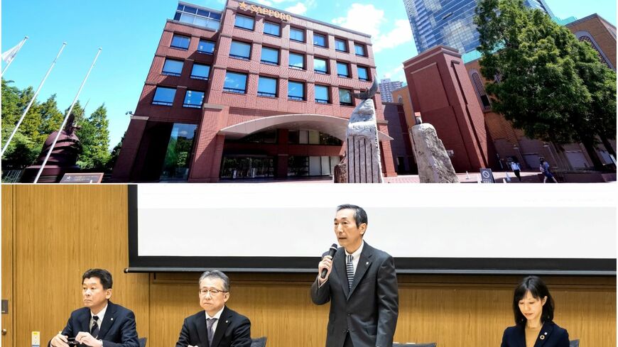 サッポロHDの尾賀社長（写真下、右から2人目）は本社（同上）のある恵比寿など不動産の位置づけも見直すとした（撮影：梅谷修司、今井康一）