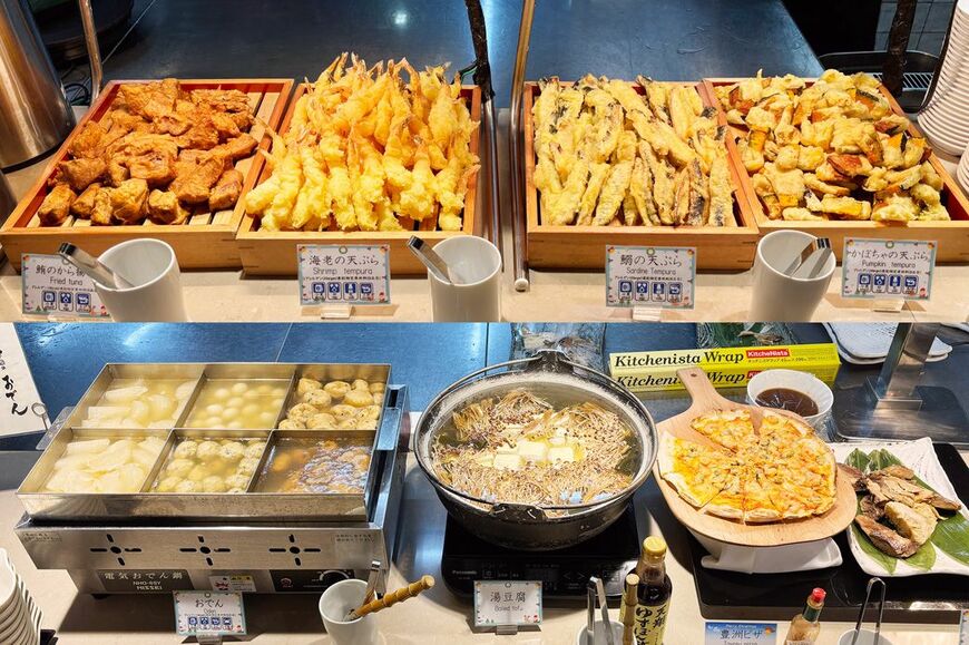 ラビスタ東京ベイモーニングビュッフェ江戸料理。マグロの唐揚げ、天ぷら（海老・鰯・かぼちゃ）、おでん、湯豆腐、豊洲ピザ、マグロのかま焼き（筆者撮影） 