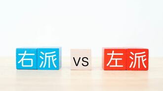 右派と左派の対立を表す青と赤のブロック