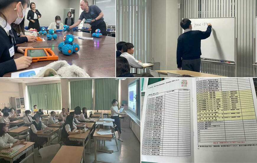 プログラミングで学ぶ部屋（写真左上）、生徒同士で教え合いながら学ぶ部屋（写真右上）、先生から学ぶ部屋（写真左下）。生徒は共通目標（試験範囲、評価、先生が教える部屋の内容、小テストの計画など）が記載された自律学習シート（写真右下）を基に自分で計画して学習を進める