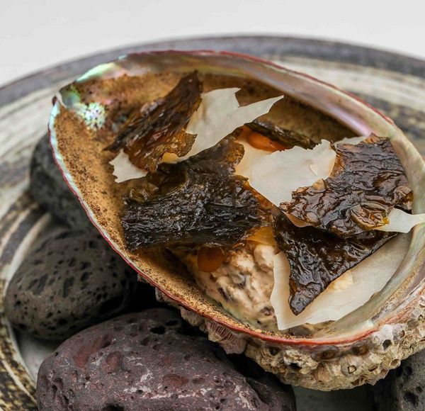 サロン・デュ・ショコラ2023で販売した「昆布と黒糖、カカオニブのセミフレッド」2800円。黒糖ケーキと昆布ガナッシュ、燻製カカオニブなどで作られたセミフレッドに、昆布ミルクチップ、キャラメリゼしたヒロメ（海藻）がトッピングされている（写真：シーベジタブル）