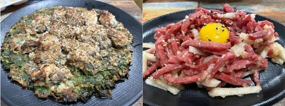 慶北食堂 牡蠣とヨモギのチヂミ ユッケ