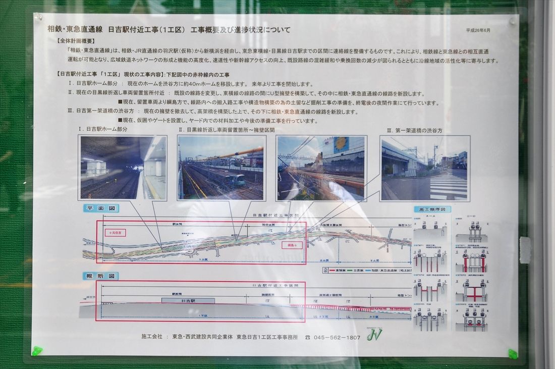 日吉駅付近に掲出されていた工事概要＝2014年（記者撮影）