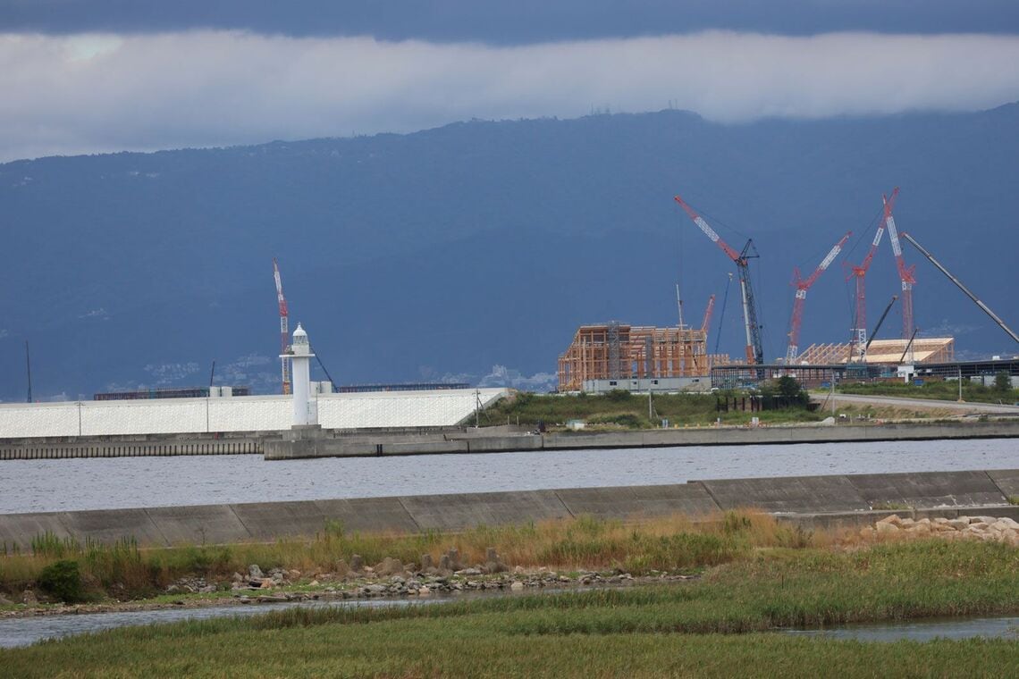 対岸の南港野鳥園の展望塔からみた夢洲（撮影：河野博子）