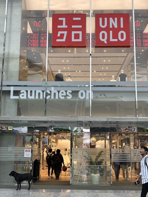 デリー市内のユニクロ。店舗前を野犬が歩いていた（記者撮影）