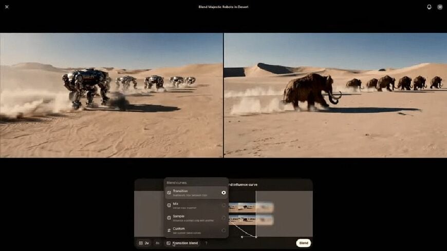 砂漠を歩くマンモスの動画へ指示を加えるだけでロボットに変換された（OpenAIが公開した動画よりスクリーンショット）