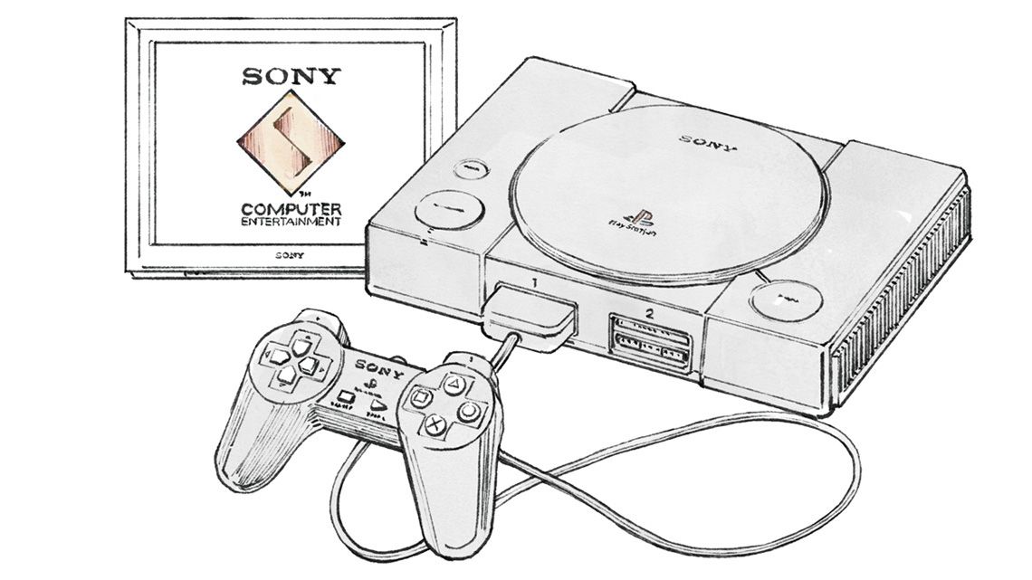 初代プレイステーションとソニー・コンピュータエンタテインメントのロゴのイラスト