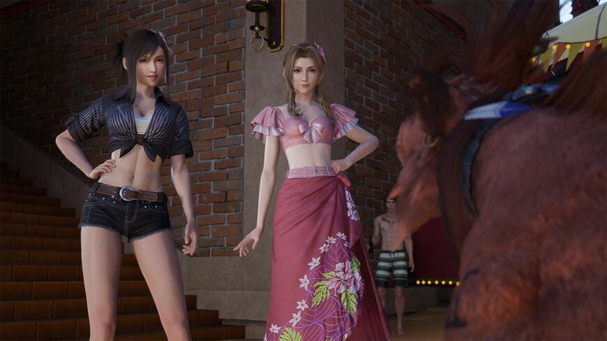 キャラクターたちが水着姿になるシーンもあるうえに、そのままバトルに入ることも（画像は『FF7リバース』公式サイトより）