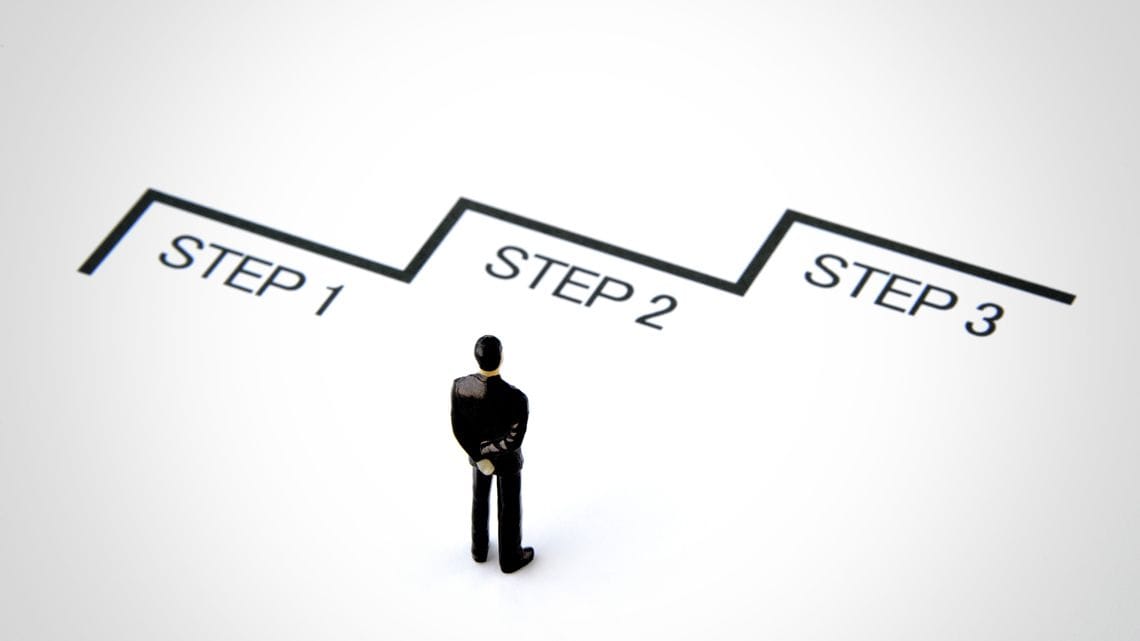 3ステップの図とビジネスパーソンのミニチュア
