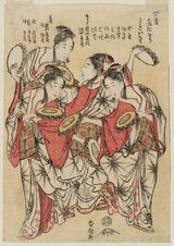 芸者などが狂言や所作事を演じながら歩くパレードを描いた北斎画、「仁和嘉狂言」七月盆踊り（画像：ボストン美術館）
