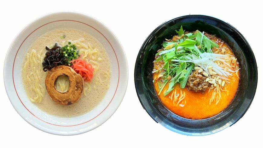 動物性原料不使用の九州豚骨ラーメンtaste（左）と東京坦担麺taste（右）（画像：アリアケジャパン）
