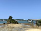 本部町を北に進むと、今帰仁村がある。写真は古宇利島に続く古宇利大橋とカエル島（編集部撮影）