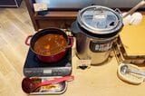 ジョナサンの朝食バイキング。鋳物鍋にはビーフシチュー、スープジャーにはミネストローネ（筆者撮影）