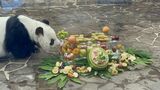 中国駐大阪領事館が贈った果物入りの氷ケーキ。パンダと花模様のカービングをほどこしたスイカも添えられている（写真：神戸市立王子動物園提供）