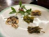 手前から時計回りに、ミズブキ、天然舞茸、生きくらげの酢味噌和え、ミョウガのごま和え、唐辛子の味噌煮。香り高い素朴な1皿（筆者撮影）