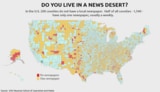アメリカのニュース砂漠の現状。200の郡で新聞がゼロ＝赤。全体の半分、1540の郡で1つの新聞（たいていは週刊）しかない＝黄。出所：ノースカロライナ州立大学