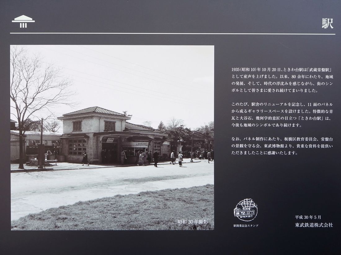 駅舎周辺のギャラリースペースにある昭和30年代のときわ台駅の写真（記者撮影）