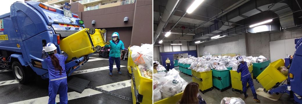 （左）機械を操作しコンテナのごみを積み込んでいく／（右）大規模マンションから排出される膨大な量のごみ（筆者撮影）