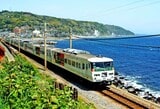伊豆急線内を快走する「湘南ブロック色」の185系「踊り子」（撮影：南正時）