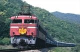 ヘッドマークを付けて12系客車の修学旅行臨時列車を牽引するEF81形（撮影：南正時）