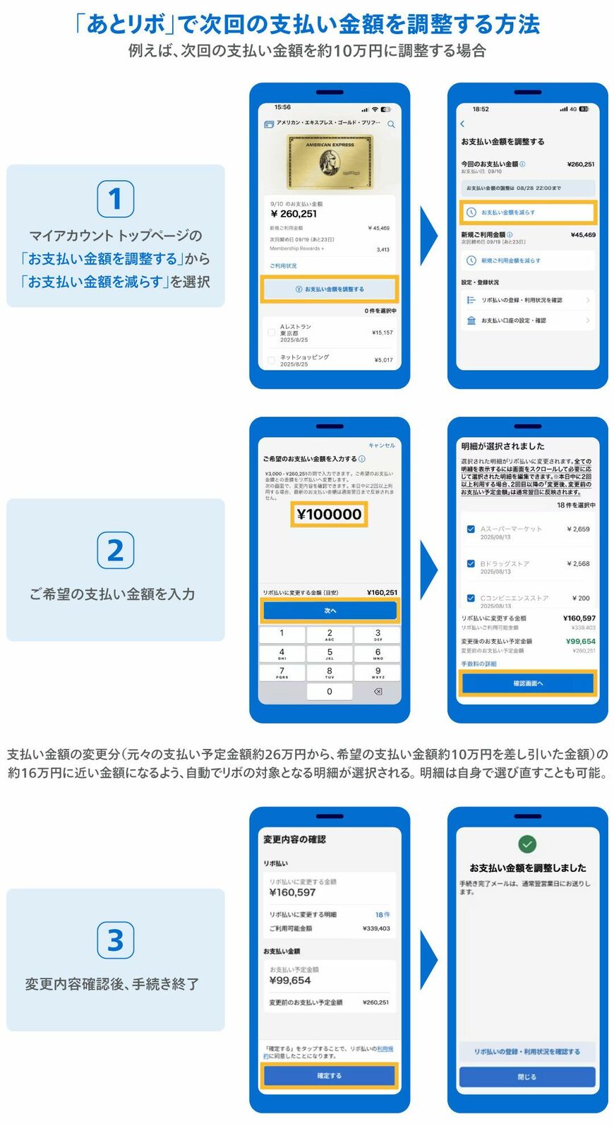 ※「請求確定済のお支払い金額の調整」をご利用いただける期間は、ご請求締め日翌日から「あとリボ」の申込締切日までとなります。※「あとリボ」のご利用には手数料がかかります。手数料率は14.9%（実質年率）です。