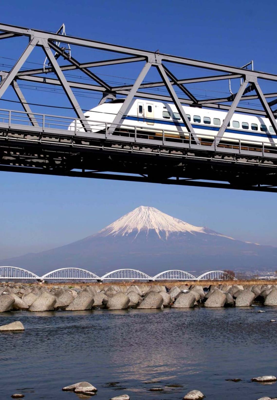 富士山をバックに富士川を渡る300系