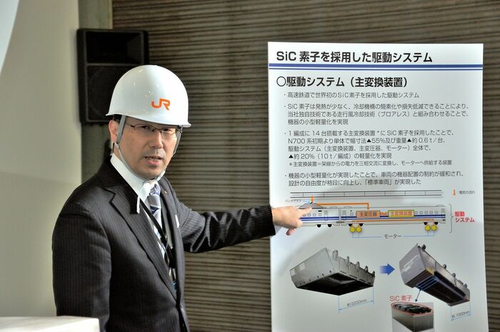 SiC素子使用の主変換装置について説明する担当者