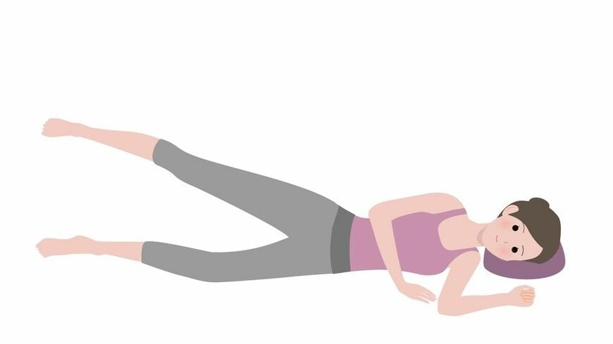 中殿筋を鍛えるトレーニングの例：横向きに寝て、下側の脚を軽く曲げ、上側の脚を30cm程度上げて10～20秒キープ。両側行う。1日トータルで20～30セット繰り返す（イラスト：Green Ice／PIXTA）