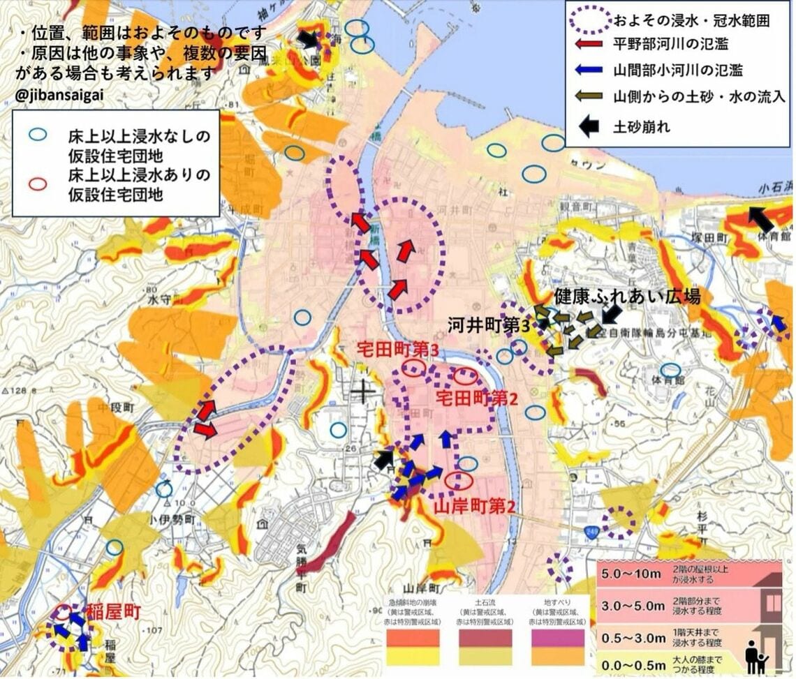 浸水被害があった避難所とハザードマップ、浸水経路の関係