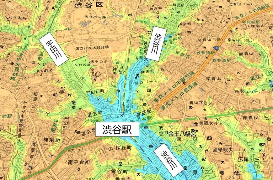 宇田川、渋谷川とも第1回の東京オリンピックを機に地下を流れる暗渠（あんきょ）となっている（画像：地理院地図を引用し筆者加工）