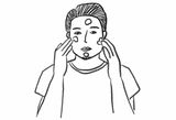 手のひらの洗顔料を反対の手の指で額、両頬、顎に置き、両手の親指以外の4本指でくるくると肌になじませる。擦らないように（イラスト：kaeko）