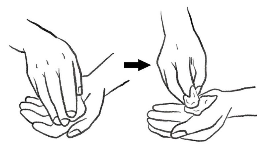 濡らした石鹸を両手の間でくるくると回し、軽く泡立てる。石鹸を置いたら、片方の手のひらに泡を集める。反対の手の指を使い、空気を含ませるようにしてしっかりと泡立てる。（イラスト：kaeko）