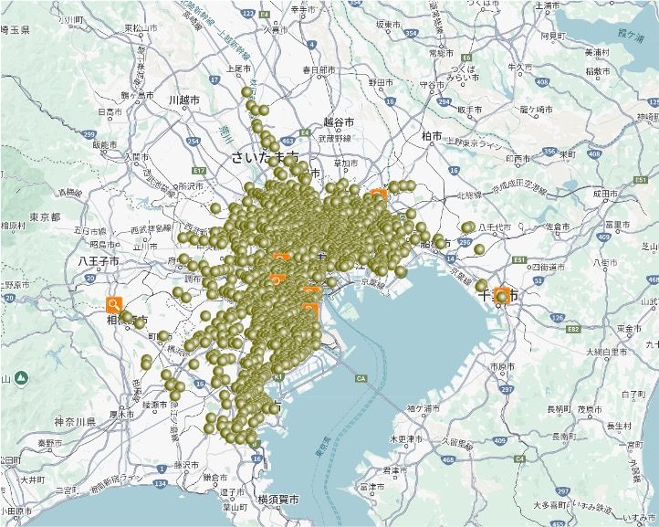 まいばすけっとの店舗配置（画像：日本全国スーパーマーケット情報ウェブサイトより）
