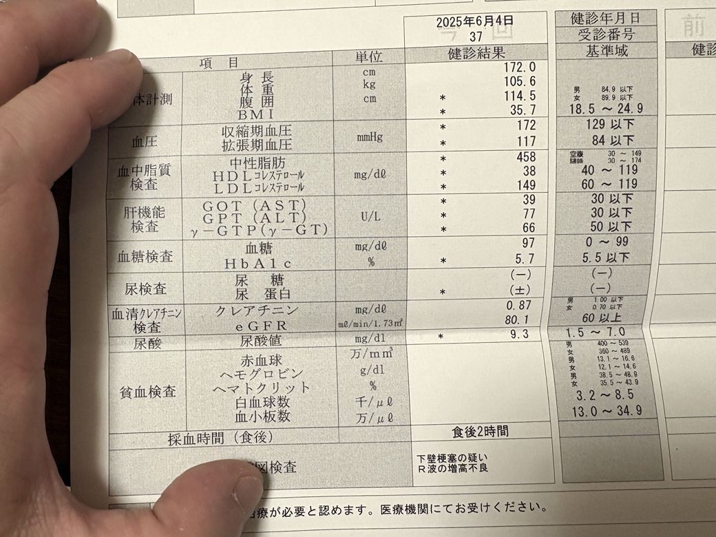 17項目中13項目が基準値オーバーの健康診断結果（写真：筆者撮影）