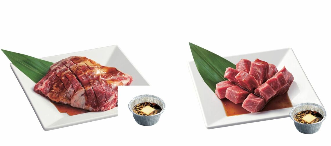 4大名物のひとつ「ハラミステーキ」（左：東日本限定）と「花咲上ロース」（西日本限定）。添えられたガリバタ醤油は共通だ（写真：物語コーポレーション）
