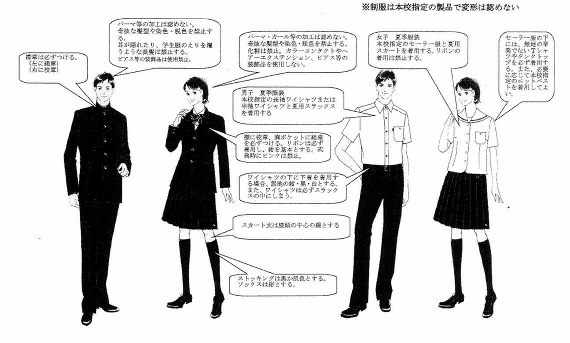 細かく指定されていることの多い制服。画像はある学校の制服規定（画像提供：植山さん）