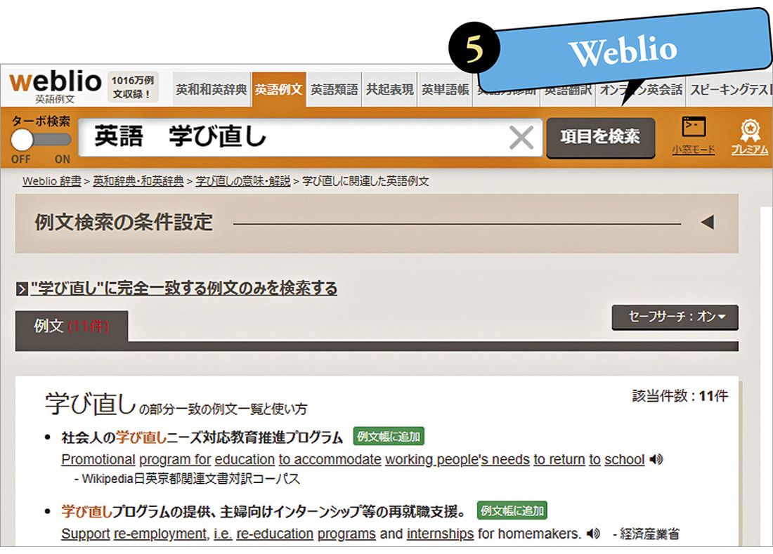Weblio英語例文検索では英語の例文という形で表示される