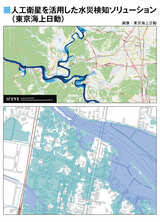 浸水マップによる被害状況の把握（上）。建物情報とひもづけ、被災契約者を特定（下） （画像：東京海上日動）