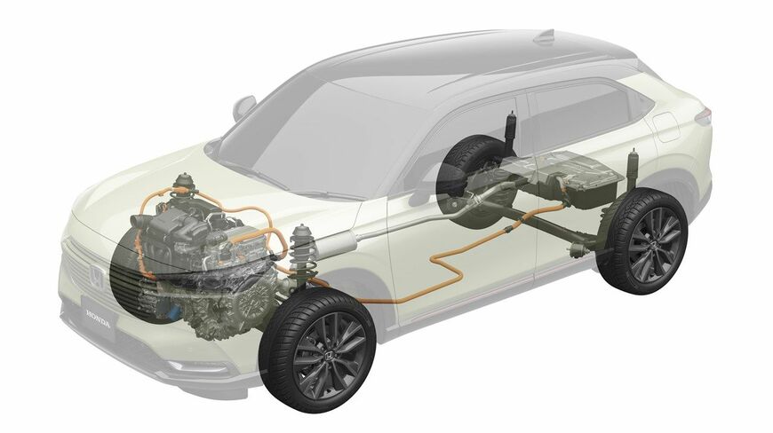 ヴェゼルのe:HEVシステム配置説明図（写真：ホンダ）