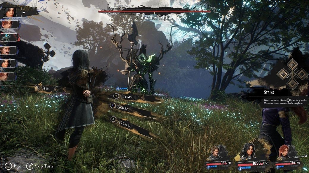 『エクスペディション33』のバトルでは、「攻撃」「スキル」「アイテム」などを選択して戦っていく。ただし、特殊な行動がいくつか用意されている（画像：Steamより）