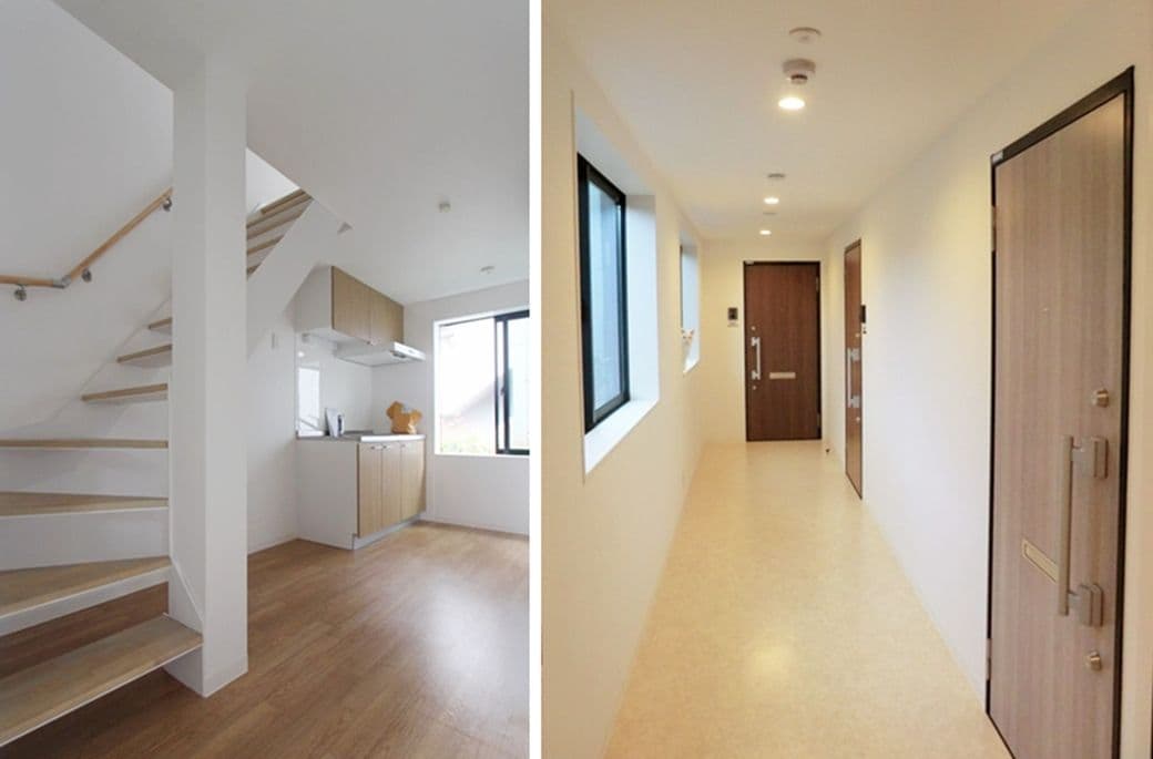（写真左）住居スペース（写真：シナモンチャイ）、（右）住居スペースの廊下。ここまでは猫が自由に歩けるスペースとなっている（筆者撮影）
